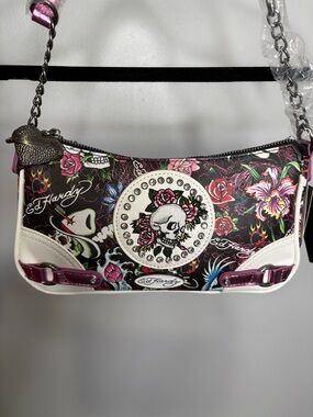 Ed Hardy Black Floral Skull Mini Shoulder Bag